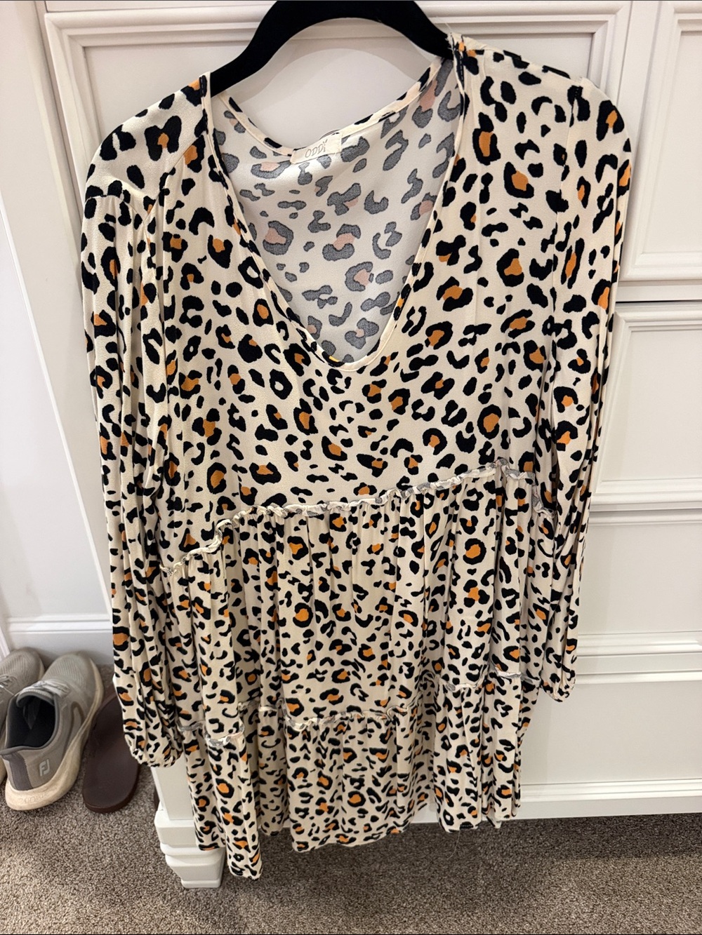 V-Neck Long Sleeve Leopard Tiered Dress - Cream/Black/Tan